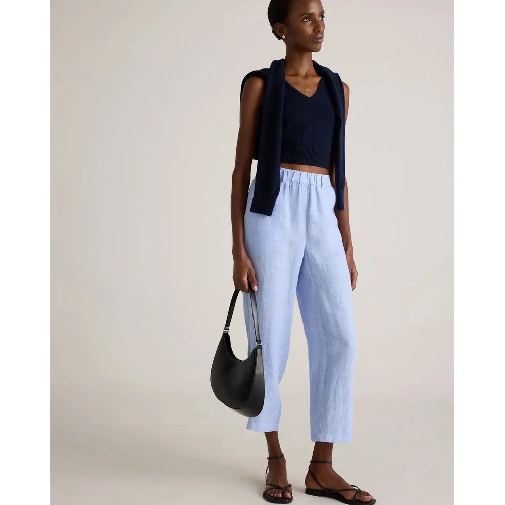 Quince 100% European Linen Pants French Blue Straight Leg Elastic Waist Large